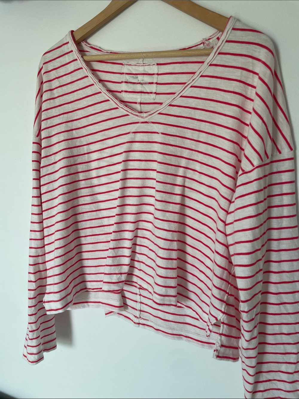 aerie slouchy boxy V-Neck Long Sleeve Tee in White and Red Stripes